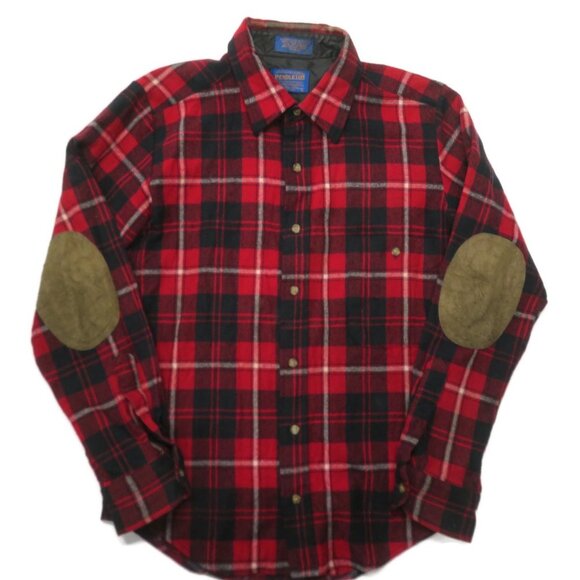 Pendleton Women Red Flannel Large 100% Virgin Wool Button Up Shirt Elbow Patches - Picture 1 of 8